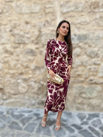 Vestido Isabel Burdeos/Beige