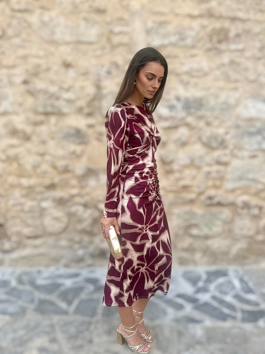 Vestido Isabel Burdeos/Beige