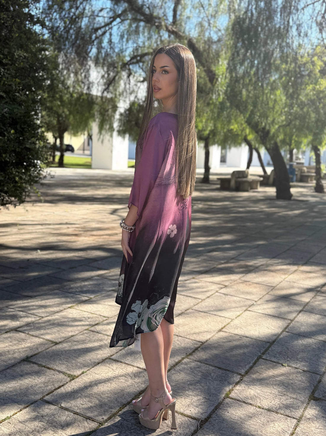 Vestido Gala Estampado Malva